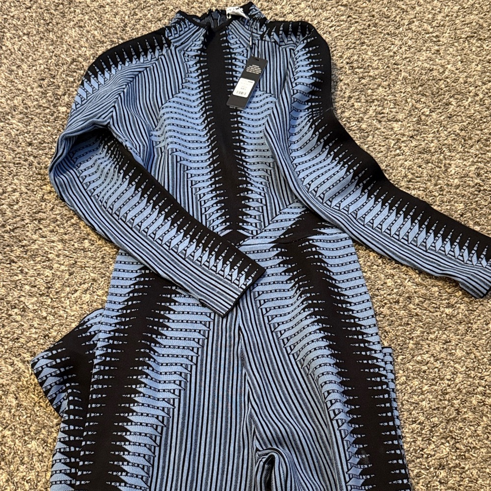 Blue and Black Patterned Long Sleeve Jumpsuit